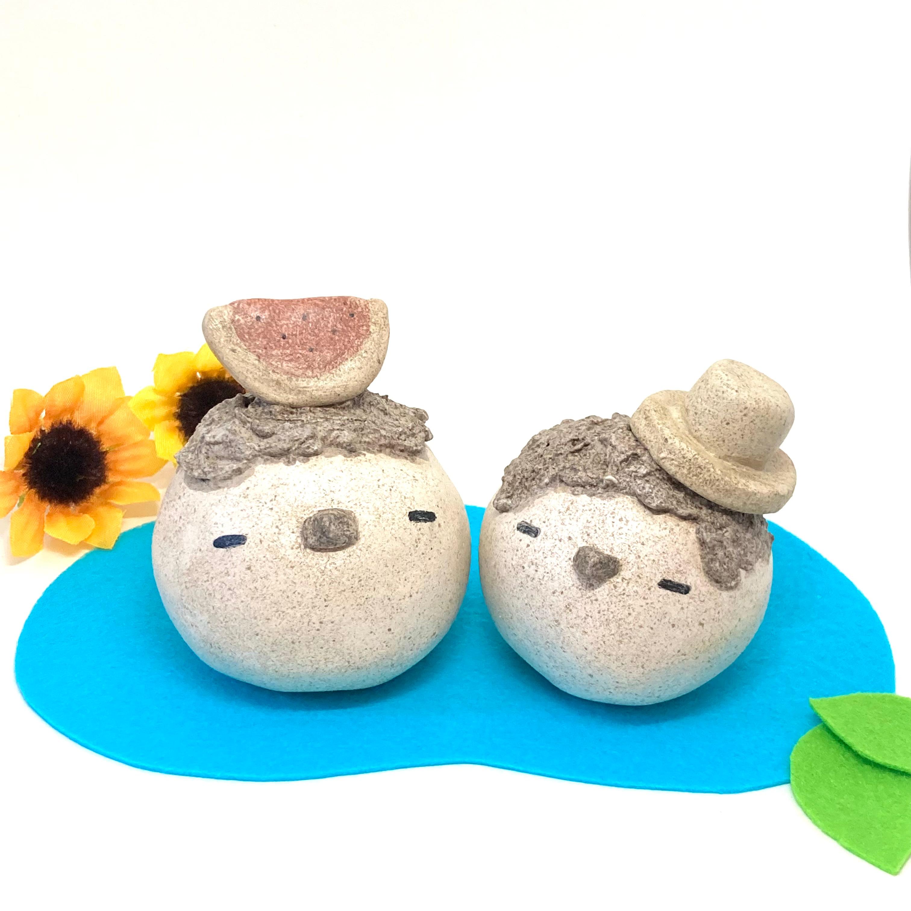 「仲良しシマエナガさんの夏セット」オブジェ　陶器の置物　玄関インテリア1枚目の画像